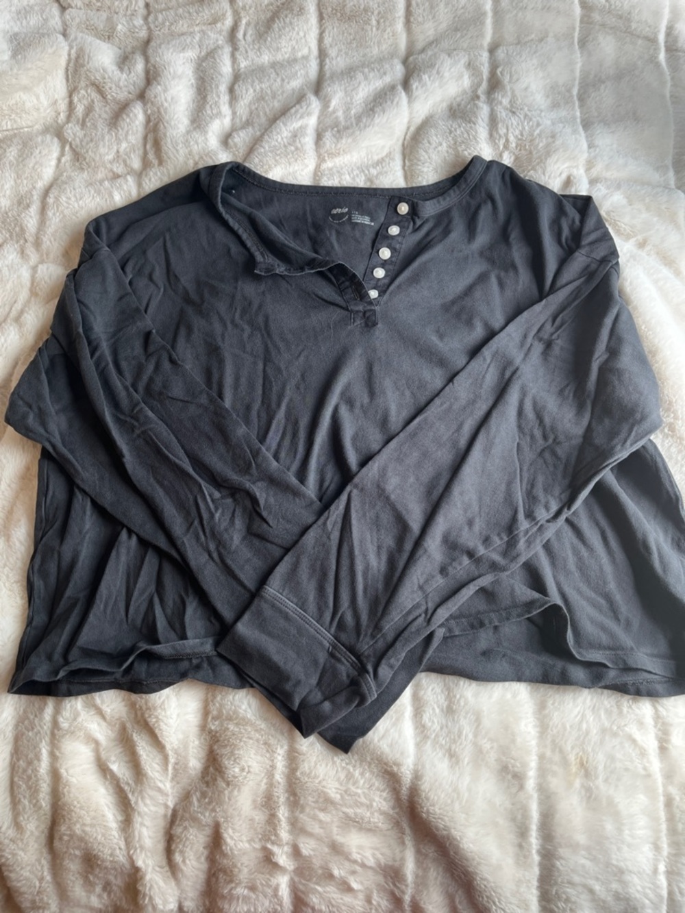 aerie Black Long-Sleeve Henley Top with Button Placket